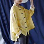 Buddha Stones Yellow Phoenix Print Frog-button Design Long Sleeve Ramie Linen Jacket Shirt Women's Shirts BS 3