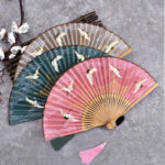 Buddha Stones Vintage Cloud Crane Pattern Handheld Bamboo Folding Fan Folding Fan BS 1