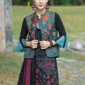Buddha Stones Vintage Style Embroidery Flower Tang Suit Design Sleeveless Vest Waistcoat BS Green(Vest Only) 2XL(Bust 100cm/Shoulder 40cm/Length 59cm)