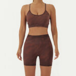 Buddha Stones 2Pcs Camo Print Backless Criss-Cross Strap Top Bra Shorts Leggings Pants Fitness Yoga Outfit Set 2-Piece Outfit BS Brown 2Pcs(Top&Shorts) L