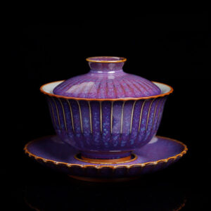 Buddha Stones Retro Glaze Kiln Change Ceramic Gaiwan Sancai Teacup Kung Fu Tea Cup And Saucer With Lid Cup BS Purple 11.5cm*8.5cm*140ml