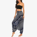 Buddha Stones Two Style Wear Elephant Pattern Loose Smocked Harem Trousers Jumpsuit Women's Yoga Pants Harem Pants&Bodysuit BS 37