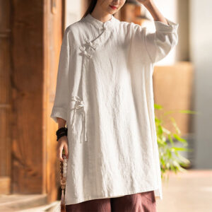 Buddha Stones Vintage Cotton Linen Blouse Women Long Sleeve Shirt Chinese Hanfu Top Long Sleeve Shirt BS Beige(Bust 130cm)(Top Only)