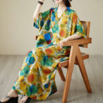 Buddha Stones Orange Blue Colorful Polka Dots Midi Dress Cotton Half Sleeve Dress With Pockets Midi Dress BS 6