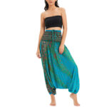 Buddha Stones Two Style Wear Peacock Feather Loose Smocked Harem Trousers Jumpsuit High Waist Pants Harem Pants BS 26