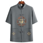 Buddha Stones Fu Character Tang Suit Hanfu Traditional Uniform Short Sleeve Top Pants Clothing Men's Set Men's Meditation Cloth BS 2
