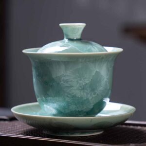 Buddha Stones Traditional Glaze Ceramic Gaiwan Sancai Teacup Kung Fu Tea Cup And Saucer With Lid 180ml Cup BS Light Green 11.7cm*10.2cm*180ml