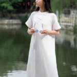 Buddha Stones Frog-Button Midi Dress Cotton Linen Short Sleeve Dress With Pockets Midi Dress BS 14