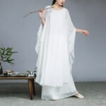 Buddha Stones Simple Pattern Midi Dress Wide Leg Pants Meditation Spiritual Zen Practice Yoga Dance Clothing Women's Meditation Cloth BS White 2Pcs(Dress&Pants) US12/2XL