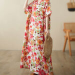 Buddha Stones Red Blue Green Flowers Midi Dress Cotton Half Sleeve Dress With Pockets Midi Dress BS 3