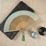 Buddha Stones Simple Cherry Flower Hollow Engraved Handheld Bamboo Folding Fan Folding Fan BS Green 22cm