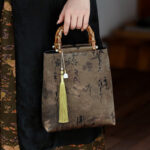 Buddha Stones Bamboo Leaves Butterfly Koi Fish Bamboo Handles Handbag Handbags BS Khaki Butterfly Koi Fish 23*25*8.5cm