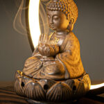 Buddha Stones Buddha Lotus Backflow Smoke Fountain Ceramic Blessing Incense Burner With Light Decoration Incense Burner BS 10