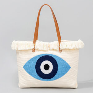 Buddha Stones Large Capacity Evil Eye Leaf Hamsa Tassel Canvas Tote Shoulder Bag Shoulder Bag BS Evil Eye 50*10*35cm