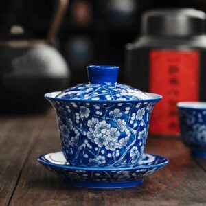 Buddha Stones Plum Blossom Blue And White Porcelain Ceramic Gaiwan Sancai Teacup Kung Fu Tea Cup And Saucer With Lid 185ml Cup BS 9.5cm*9.6cm*185ml