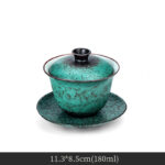 Buddha Stones Retro Green Glaze Ceramic Gaiwan Sancai Teacup Kung Fu Tea Cup And Saucer With Lid Cup BS 5