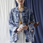 Buddha Stones Retro Blue White Flowers Frog-Button Design Long Sleeve Ramie Linen Jacket Shirt 20