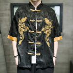Buddha Stones Frog-Button Chinese Dragon Embroidery Half Sleeve Shirt Linen Men Clothing Men's Shirts BS 1