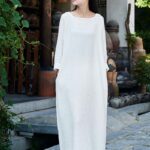 Buddha Stones Simple Midi Dress Cotton Linen Zen Tunic Dress With Pockets Midi Dress BS 22