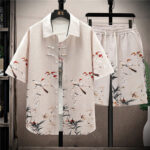 Buddha Stones Landscape Coconut Trees Magpie Pattern Short Sleeve Shorts Men's Set Men's Meditation Cloth BS Beige Magpie(Shirt&Shorts) 4XL(Bust 128cm/Waist 120cm/Hips 127cm)