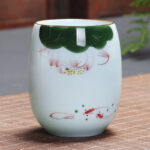 Buddha Stones Koi Fish Lotus Landscape Dandelion Peony Flower Ceramic Teacup Kung Fu Tea Cup Cup BS Lotus Leaf 7.8cm*8.1cm*180ml
