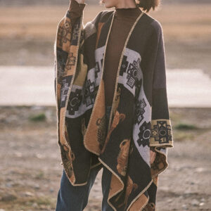 Buddha Stones Tibetan Shawl Deer Vase Geometric Shapes Winter Cozy Travel Scarf Wrap Tibetan Shawl BS Black Yellow 130*150cm