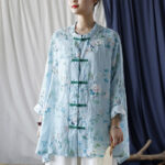 Buddha Stones Light Green Pink Flowers Green Leaves Frog-Button Long Sleeve Ramie Linen Jacket Shirt 24