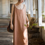 Buddha Stones Summer Spaghetti Strap Handmade Tie Dye Linen Midi Cami Dress Midi Dress BS Moccasin F(Fit for US4-8/10; UK/AU8-12/14; EU36-40/42)