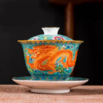 Buddha Stones Dragon Phoenix Flower Design Ceramic Gaiwan Sancai Teacup Kung Fu Tea Cup And Saucer With Lid Cup BS Green Dragon 9.5cm*9.3cm*160ml