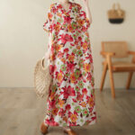 Buddha Stones Red Blue Green Flowers Midi Dress Cotton Half Sleeve Dress With Pockets Midi Dress BS 4