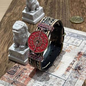 Buddha Stones Cinnabar Lotus Om Mani Padme Hum Blessing Leather Watch Band Bracelet  - Om Mani Padme Hum & Cinnabar (Wrist Circumference: 15-18cm) - image 0