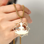 Buddha Stones Vintage Lotus Sitting Buddha Design Stainless Steel Enlightenment Necklace Pendant - image 4