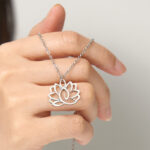 Buddha Stones Hollow Lotus Design Stainless Steel Enlightenment Necklace Pendant - image 4