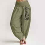 Buddha Stones Plain Lotus Om Pattern Women's Elastic Waist Partial Printing Harem Cotton Pants - OliveDrab - US22，UK/AU26，EU54 (6XL) - image 0