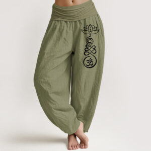 Buddha Stones Plain Lotus Om Pattern Women's Elastic Waist Partial Printing Harem Cotton Pants - OliveDrab - US22，UK/AU26，EU54 (6XL) - image 0