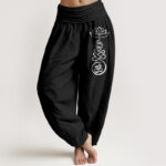 Buddha Stones Plain Lotus Om Pattern Women's Elastic Waist Partial Printing Harem Cotton Pants - Black - US22，UK/AU26，EU54 (6XL) - image 5