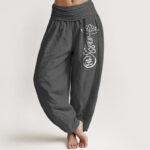 Buddha Stones Plain Lotus Om Pattern Women's Elastic Waist Partial Printing Harem Cotton Pants - DimGray - US22，UK/AU26，EU54 (6XL) - image 11