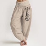 Buddha Stones Plain Lotus Om Pattern Women's Elastic Waist Partial Printing Harem Cotton Pants - Tan - US22，UK/AU26，EU54 (6XL) - image 14