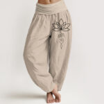 Buddha Stones Lotus Unalome Symbol Pattern Women's Elastic Waist Harem Pure Cotton Pants - Tan - US22，UK/AU26，EU54 (6XL) - image 0