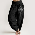 Buddha Stones Lotus Unalome Symbol Pattern Women's Elastic Waist Harem Pure Cotton Pants - Black - US22，UK/AU26，EU54 (6XL) - image 5