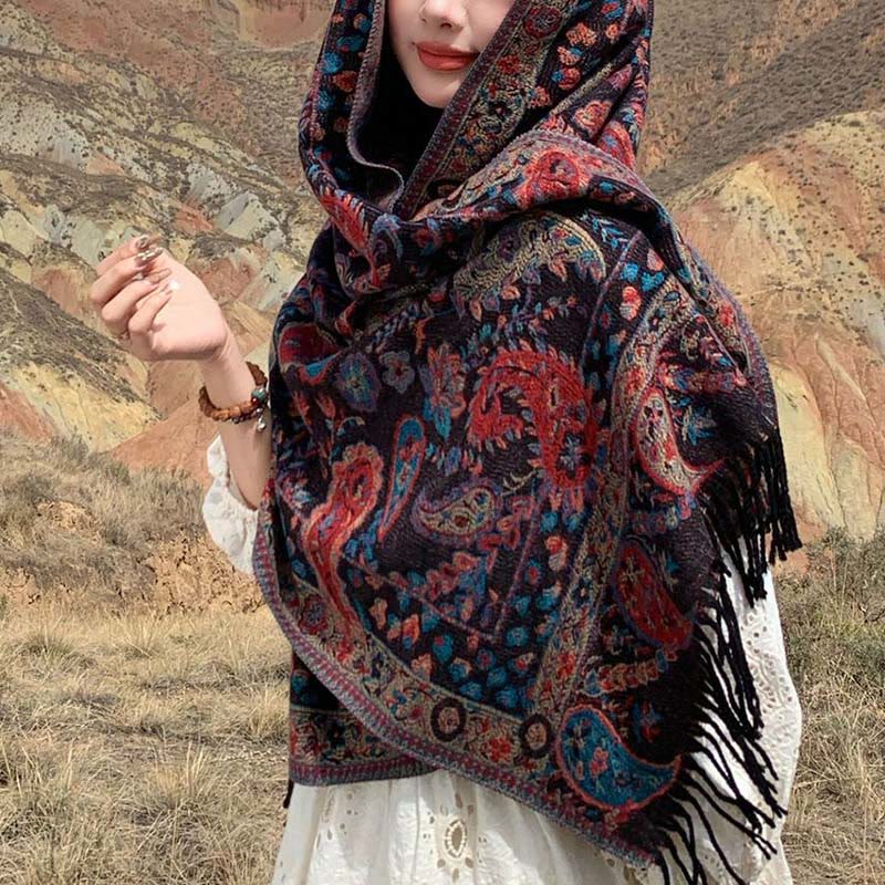 1759976120 Buddha Stones Ethnic Embroidered Paisley Flowers Pattern Tassel Soft Scarf Shawl - image 2