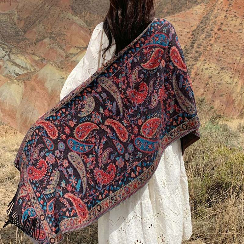 1759976120_b4091864-10a6-4855-b4bd-8e1f446c2f98 Buddha Stones Ethnic Embroidered Paisley Flowers Pattern Tassel Soft Scarf Shawl - Black - image 0