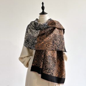 Buddha Stones Winter Thermal Color Matching Paisley Vines Pattern Tassel Cozy Scarf Shawl - Black - 185*65cm - image 0