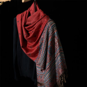 Buddha Stones Spring Cashew Flower Stripe Geometric Pattern Tassel Soft Scarf Shawl - FireBrick - 170*67cm - image 0