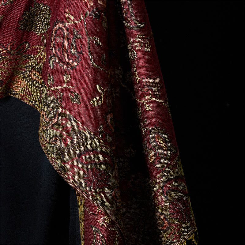 1760167989 Buddha Stones Spring Dark Red Cashew Flower Floral Leaf Pattern Tassel Soft Scarf Shawl - image 4