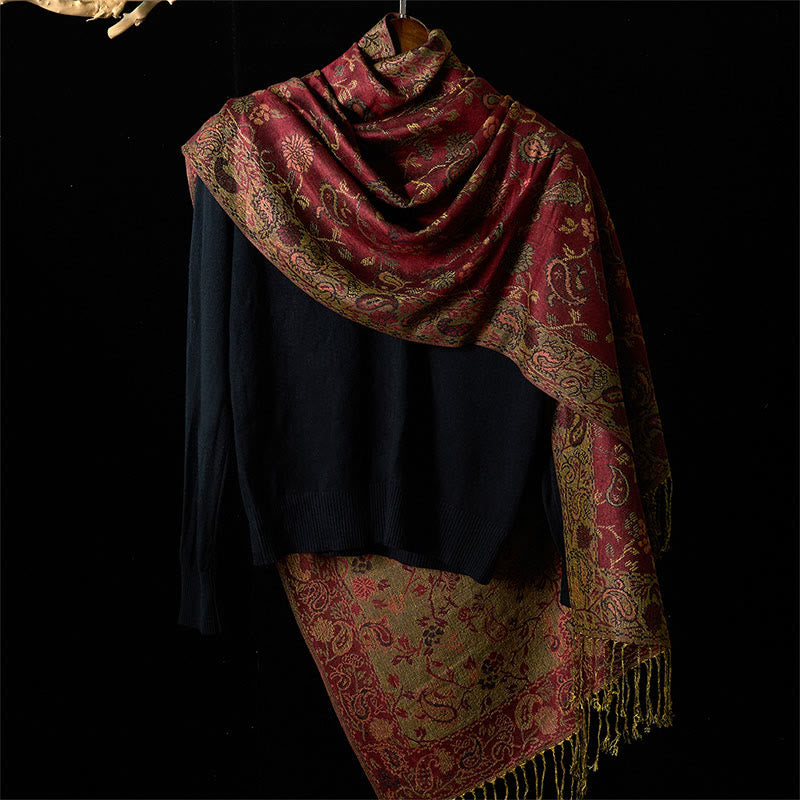 1760167989_a5f0d720-7485-4c92-8faa-c2cb33cfda49 Buddha Stones Spring Dark Red Cashew Flower Floral Leaf Pattern Tassel Soft Scarf Shawl - image 1