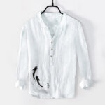 Buddha Stones Two Koi Fish Pattern Half Buttons Men's Cotton Linen Long Sleeve Shirt - White - US/UK/AU50，EU60 (5XL) - image 6