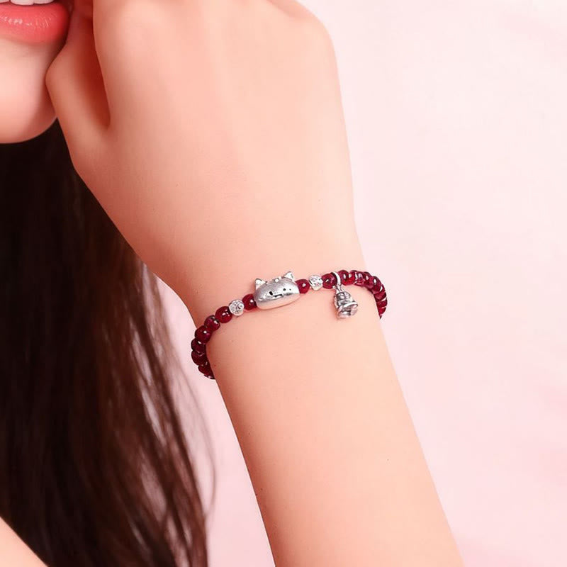 1760611375 Buddha Stones 999 Sterling Silver Natural Cute Cat Head Garnet Protection Bead Bracelet - image 7
