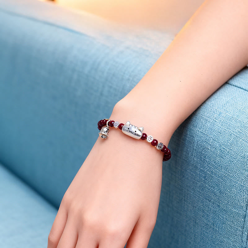 1760611376 Buddha Stones 999 Sterling Silver Natural Cute Cat Head Garnet Protection Bead Bracelet - image 8