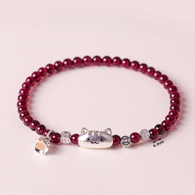 1760611376_52149f1d-2732-4534-b307-a6b4d42af2af Buddha Stones 999 Sterling Silver Natural Cute Cat Head Garnet Protection Bead Bracelet - image 3